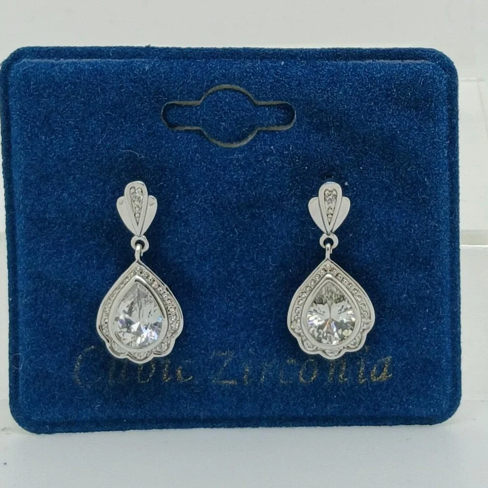 Vintage 1990s Pear Cut Cubic Zirconia Silver Tone Drop Earrings Rare New on Card